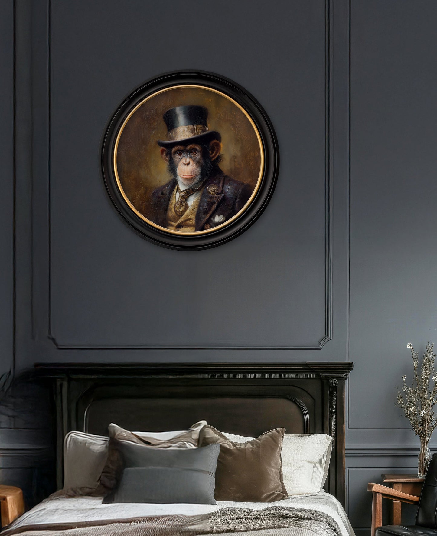 Sir Bananington – Gentleman Chimpanzee Oxford Round Frame – fine home fragrance at Leya Buster Interiors