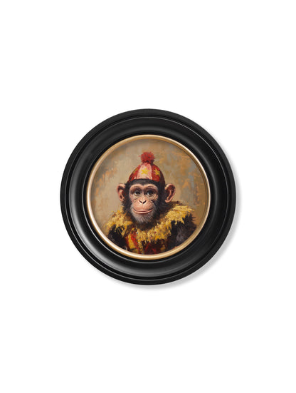 Chimpy the Daring – Circus Chimpanzee Oxford Round Frame styled view – Leya Buster Interiors