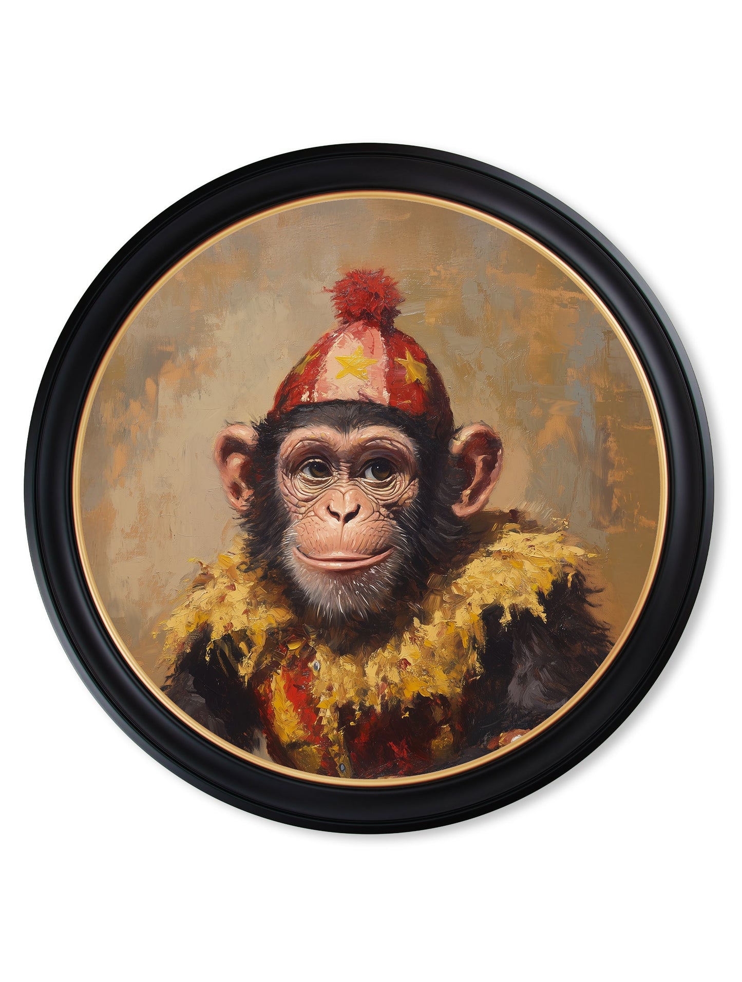 Chimpy the Daring – Circus Chimpanzee Oxford Round Frame styled view – Leya Buster Interiors