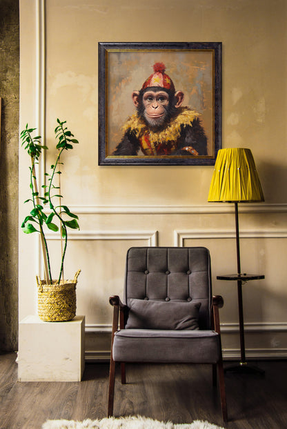 Chimpy the Daring – Circus Chimpanzee Oxford Square Frame – framed wall art at Leya Buster Interiors