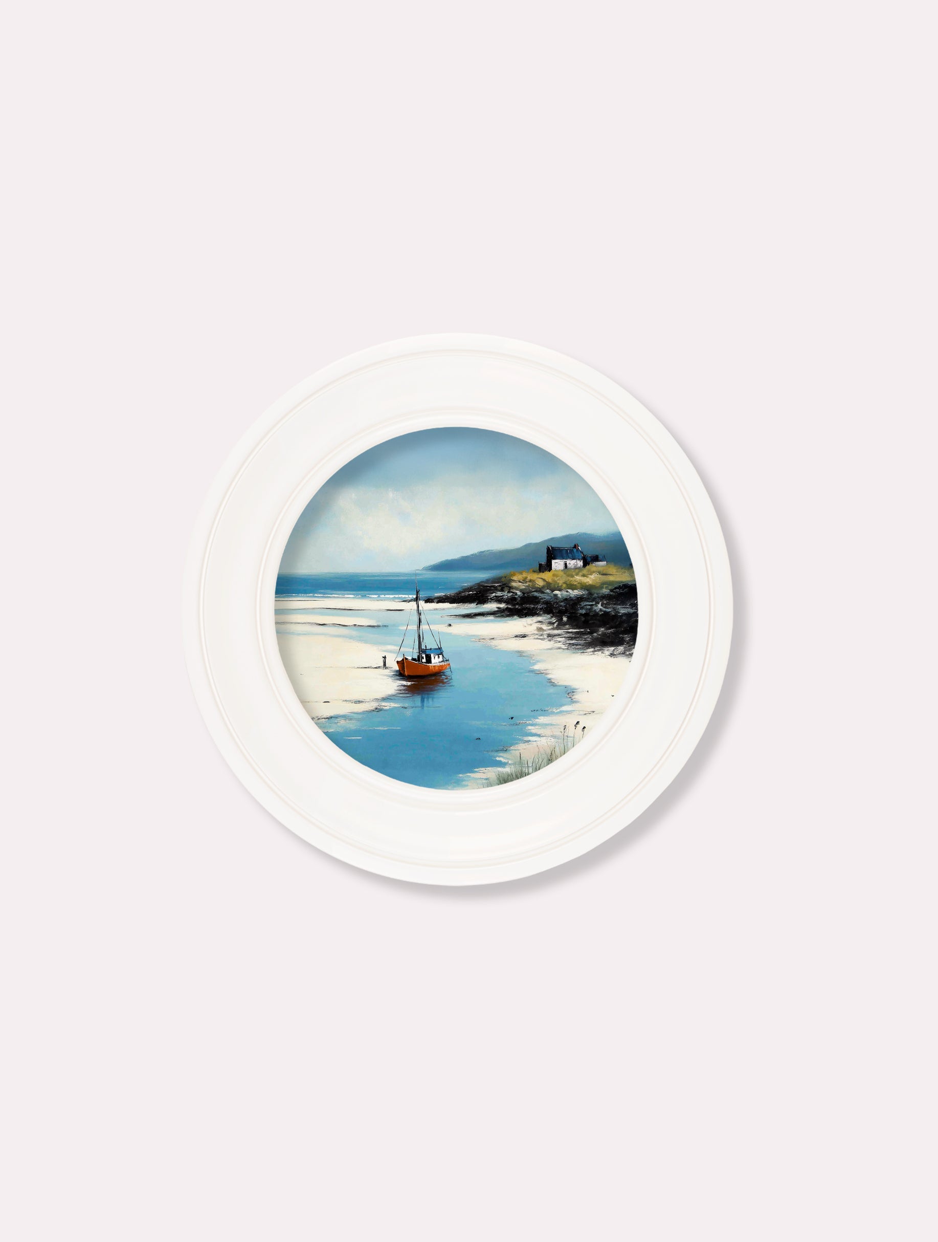 The Coastal Boat – Oxford White Round Frame styled view – Leya Buster Interiors