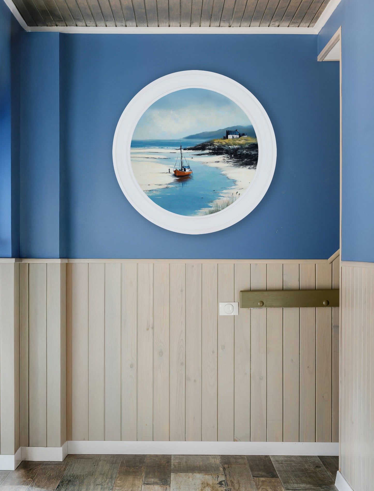 The Coastal Boat – Oxford White Round Frame – framed wall art at Leya Buster Interiors