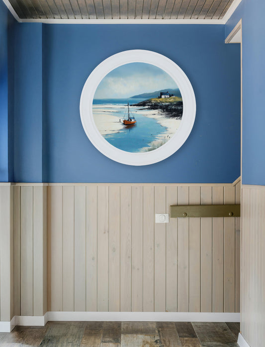 The Coastal Boat - Oxford White Round Frame