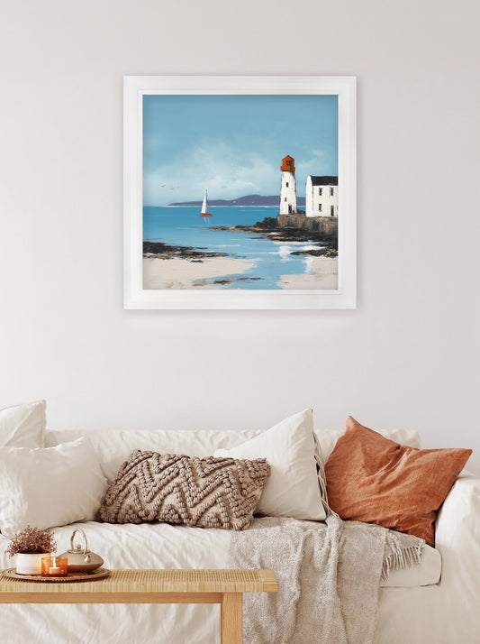 The Coastal Lighthouse – White Hurstwood Square Frame – framed wall art at Leya Buster Interiors