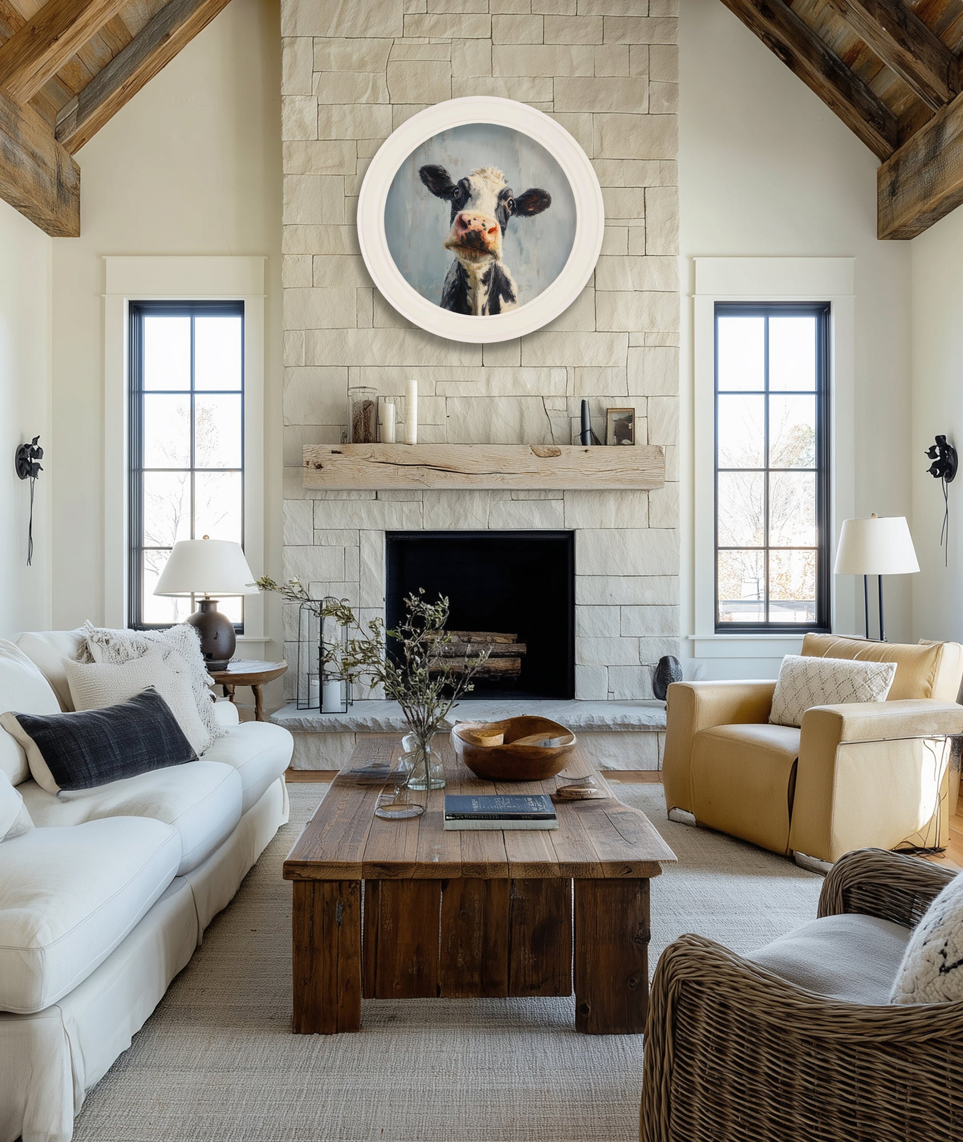 The Curious Cow – Oxford Strong White Round Frame – framed wall art at Leya Buster Interiors