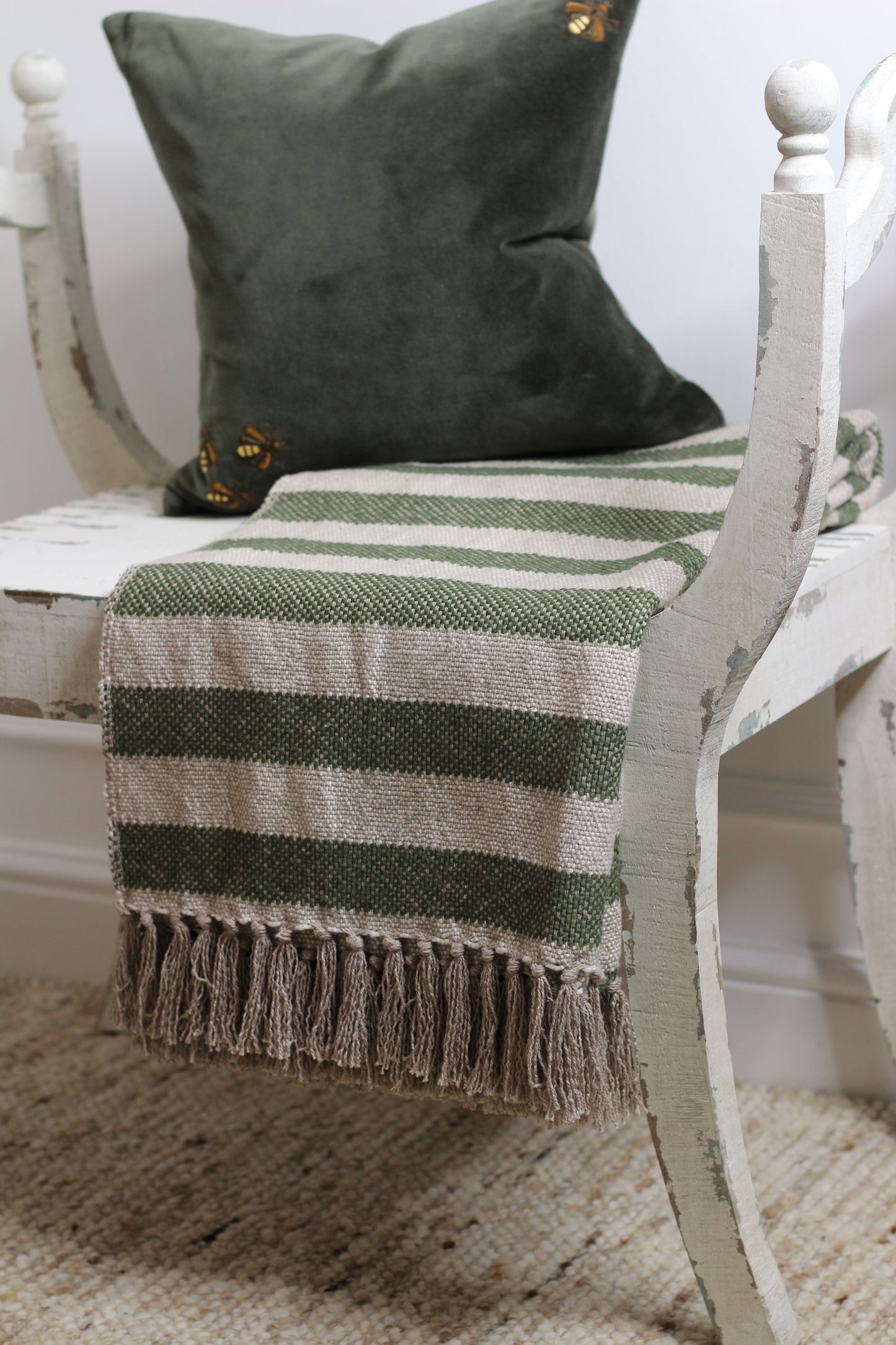 Moss Green Striped Throw With Tassels