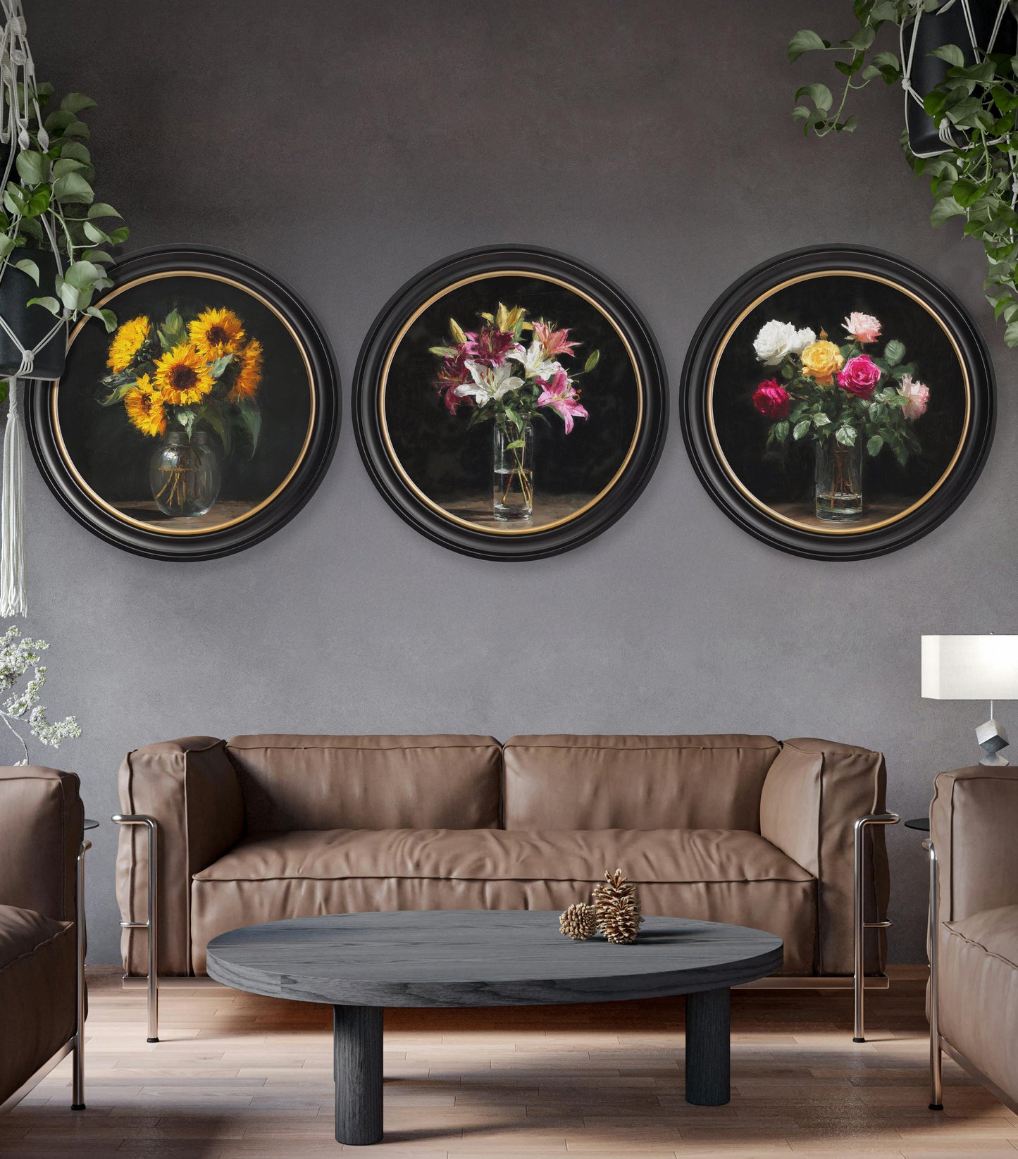 Sunflowers After Dark – Oxford Round Frame styled view – Leya Buster Interiors