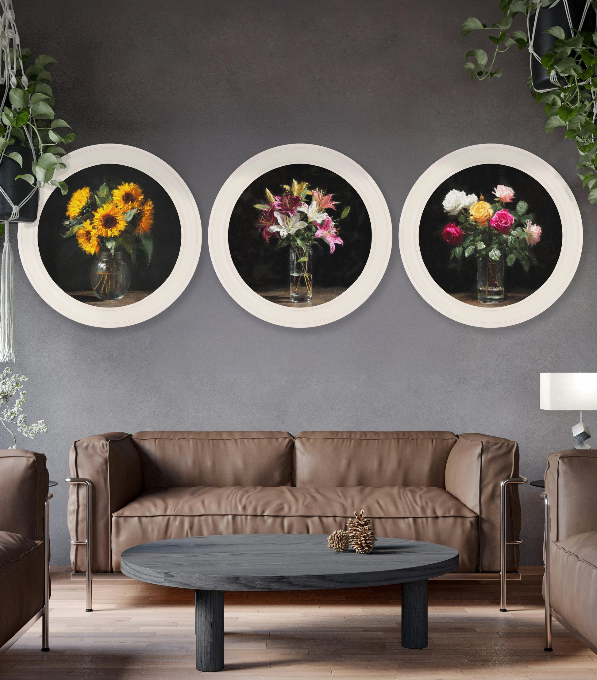 Lilies After Dark – Oxford Strong White Round Frame styled view – Leya Buster Interiors