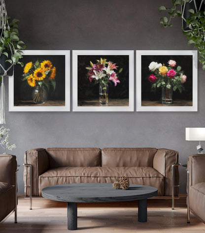 Lilies After Dark – White Hurstwood Square Frame styled view – Leya Buster Interiors