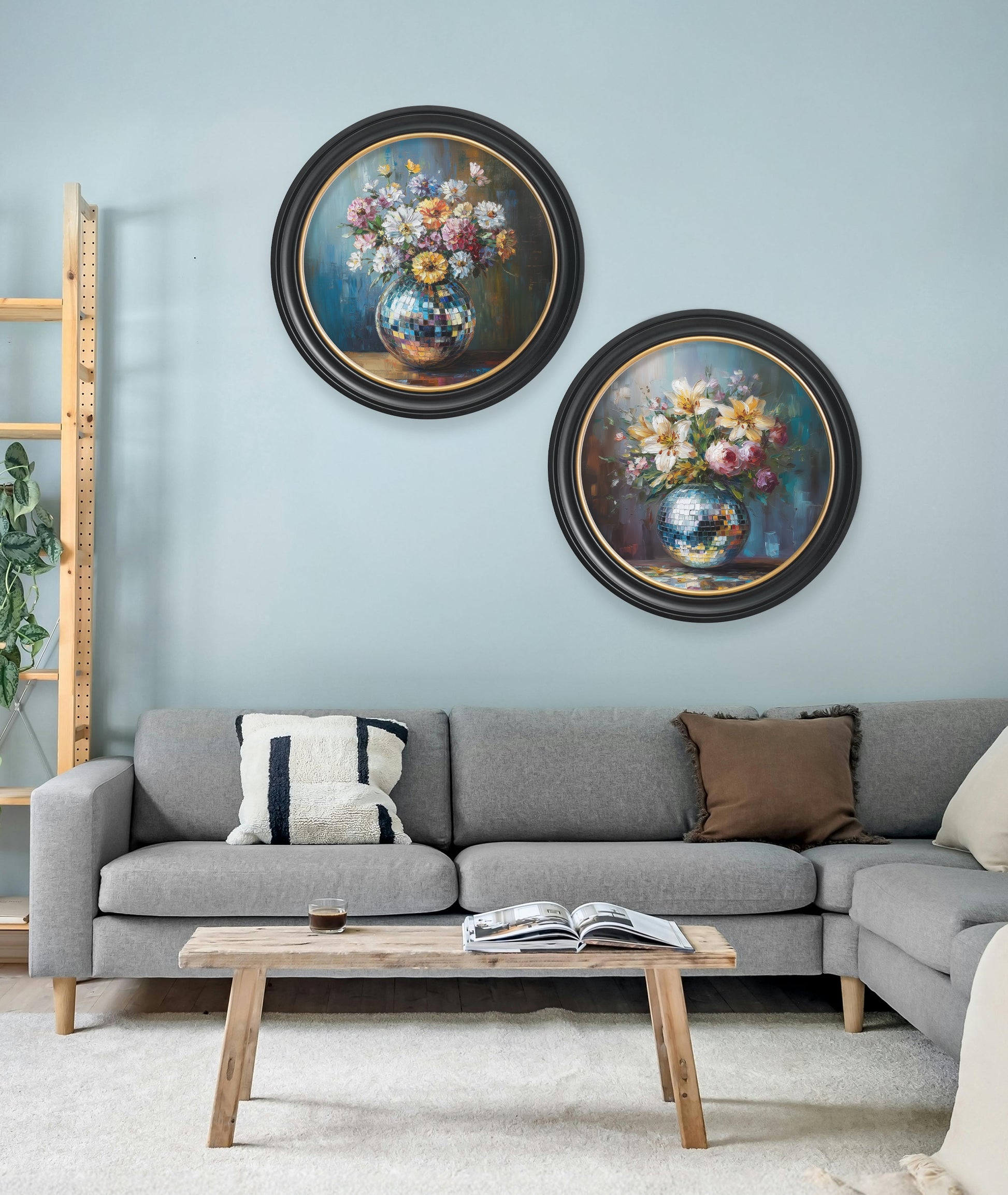 Disco Lilies & Roses – Oxford Round Frame styled view – Leya Buster Interiors