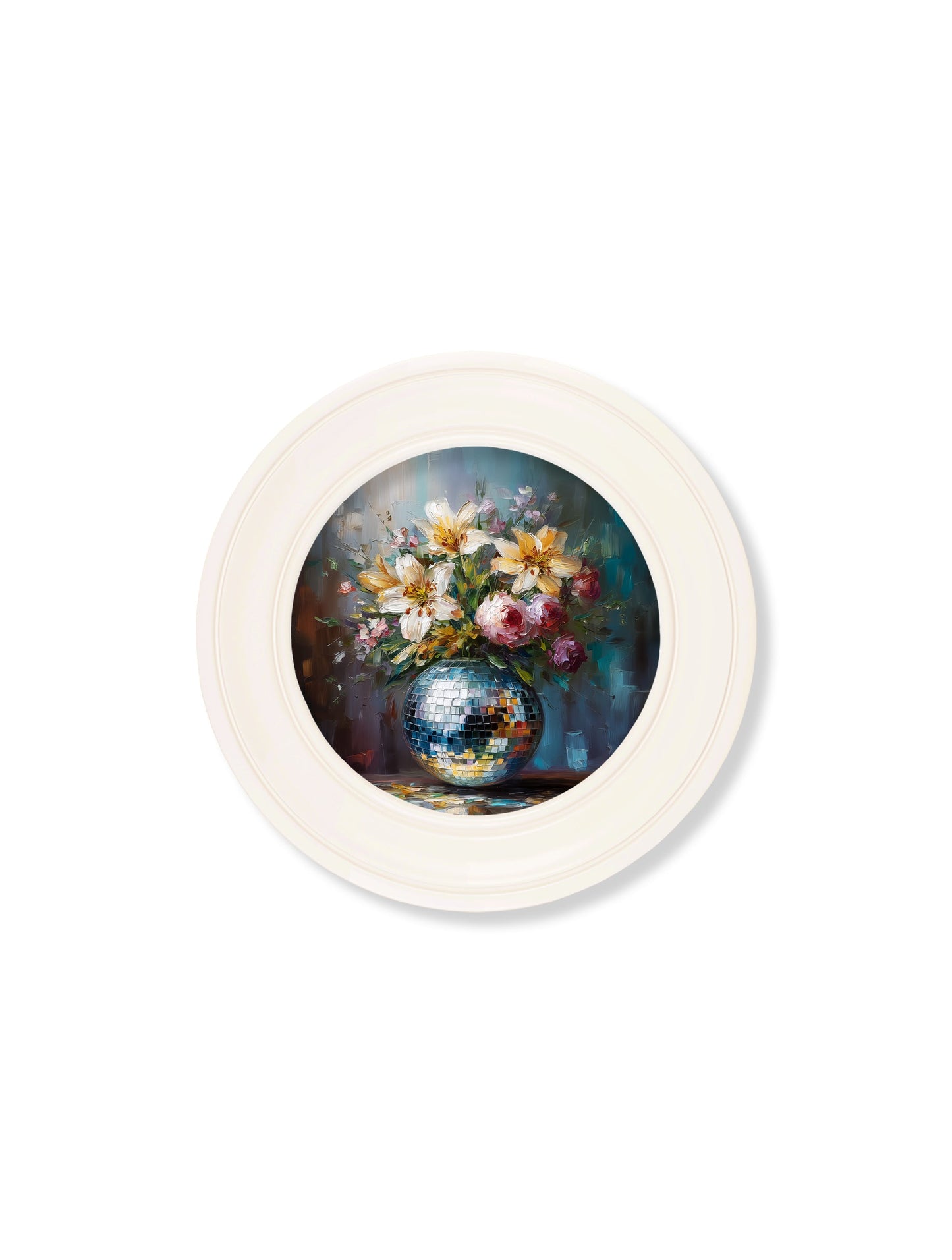 Disco Lilies & Roses – Oxford Strong White Round Frame styled view – Leya Buster Interiors