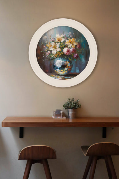 Disco Lilies & Roses – Oxford Strong White Round Frame – framed wall art at Leya Buster Interiors