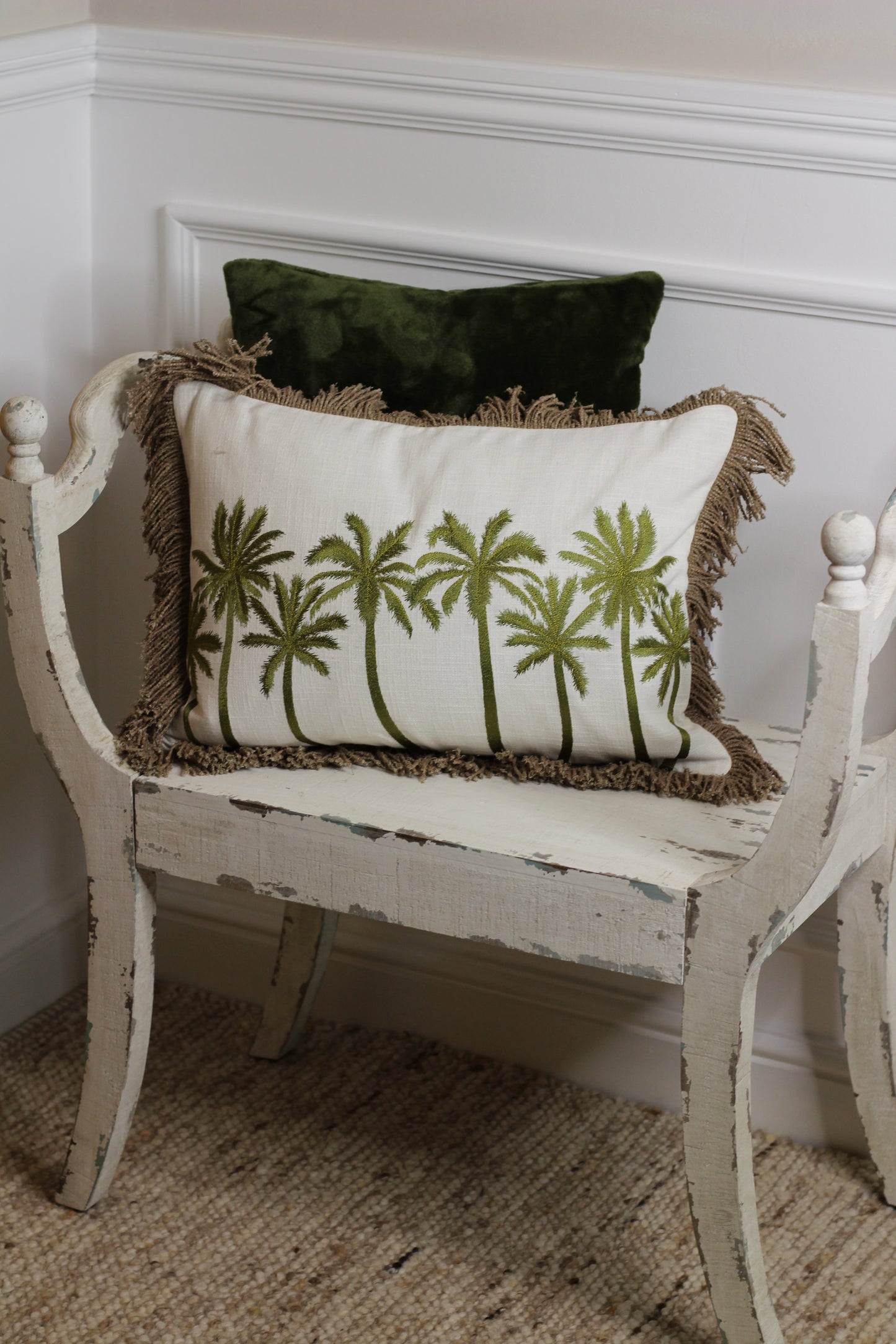 Moss Green Palm Tree Tassel Cushion