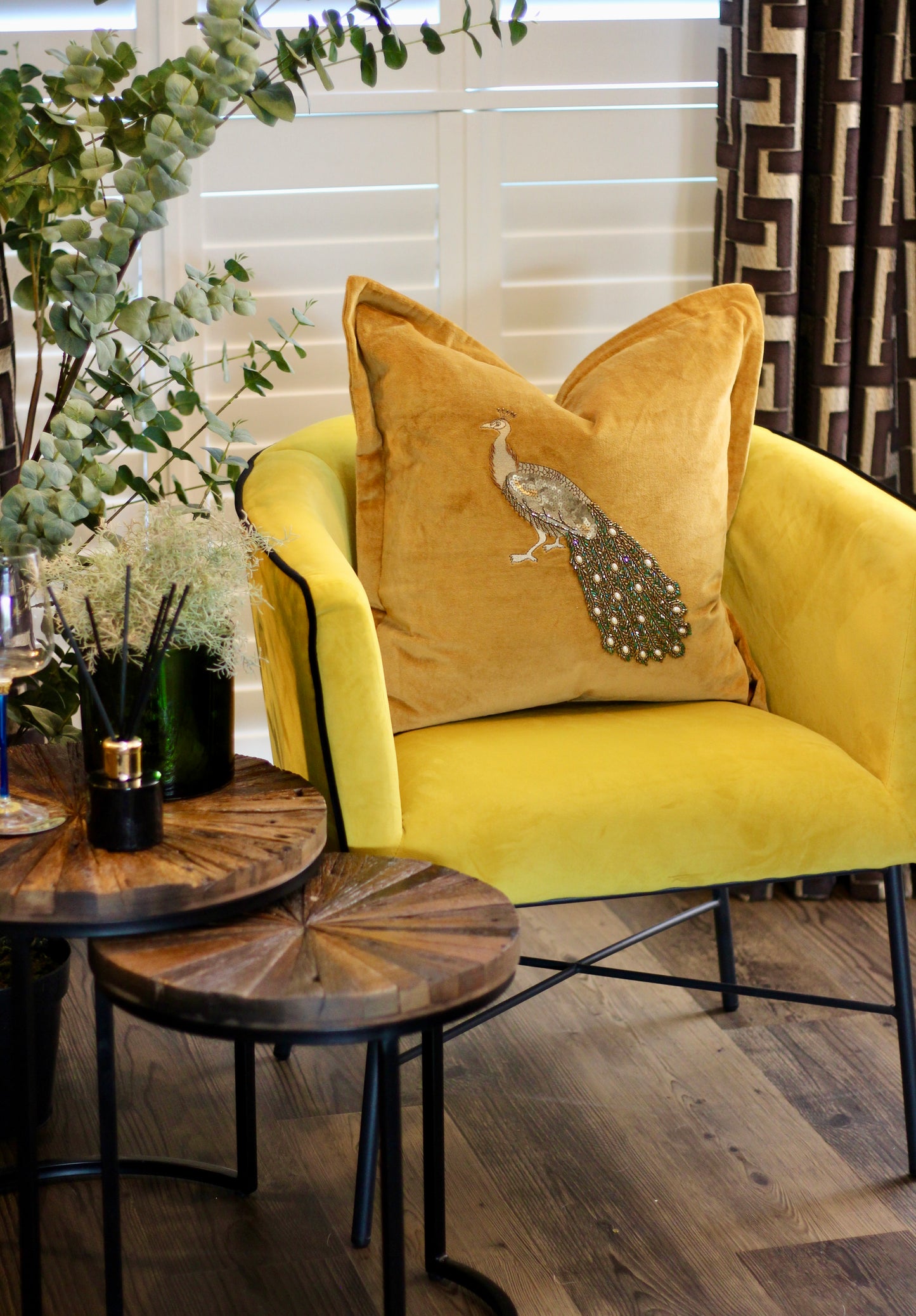 Luxe Peacock Embellished Cushion - Mustard