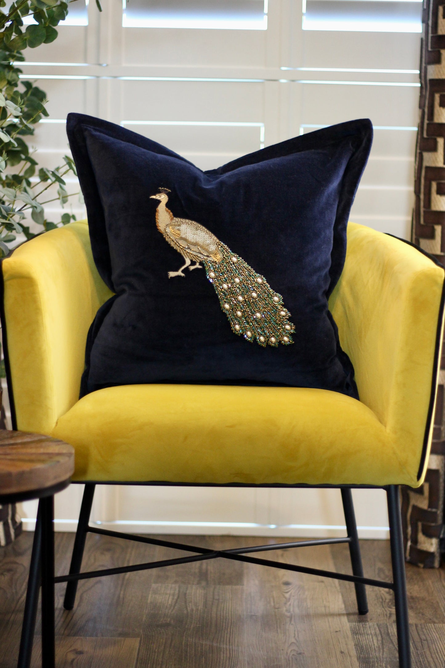 Luxe Peacock Embellished Cushion - Midnight