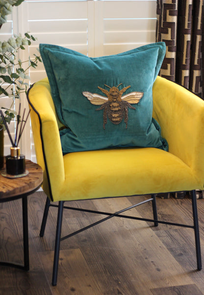 Luxe Bee Embellished Cushion – Teal styled view – Leya Buster Interiors