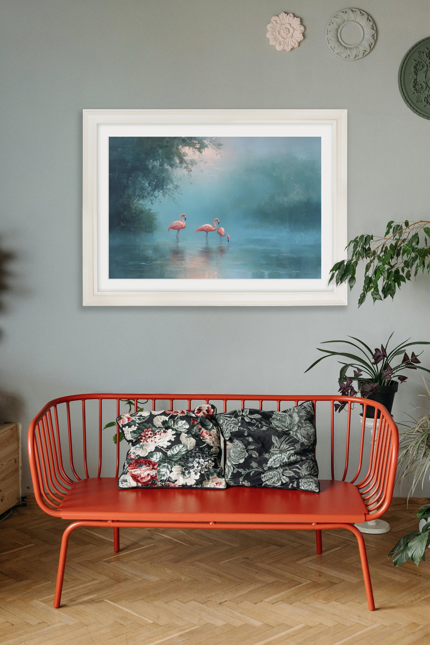 Misty Lake Flamingos – Cream Hurstwood Frame – framed wall art at Leya Buster Interiors
