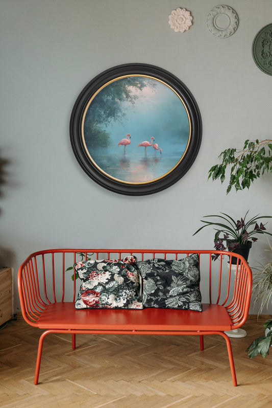 Misty Lake Flamingos - Oxford Round Frame