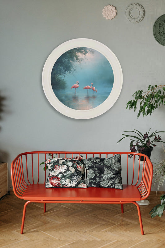 Misty Lake Flamingos - Oxford Strong White Round Frame