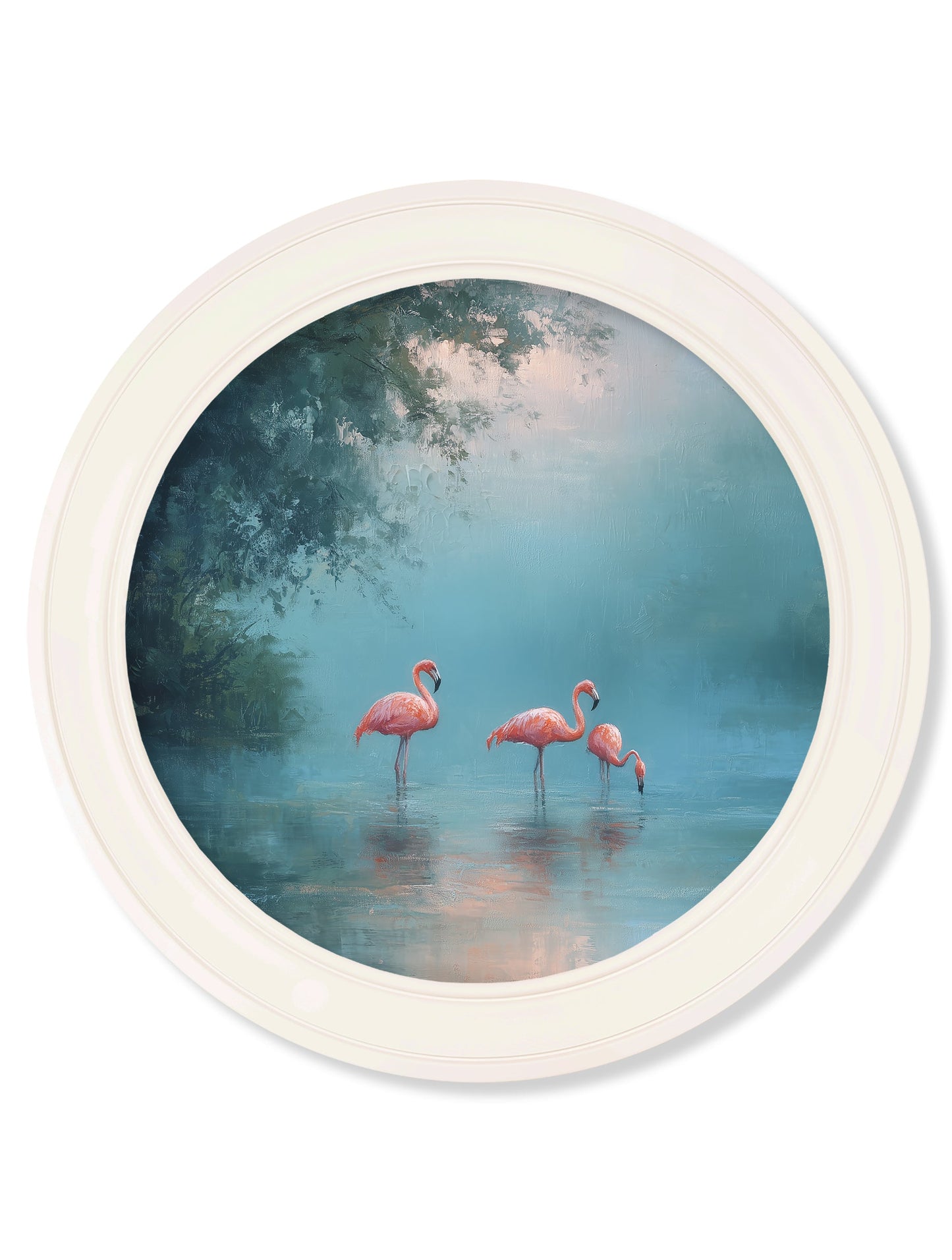 Misty Lake Flamingos – Oxford Strong White Round Frame detail – Leya Buster Interiors