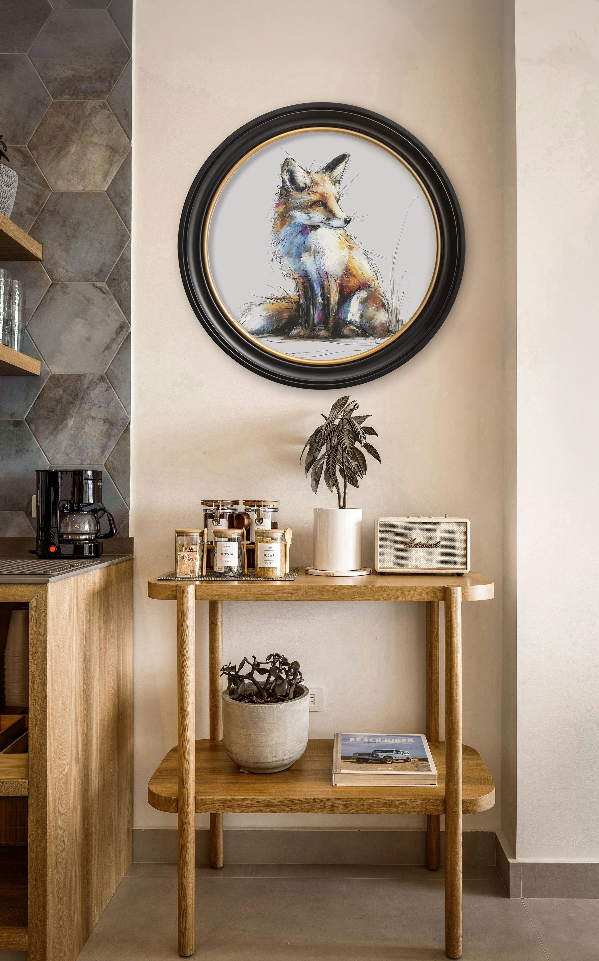 Little Fox Cosy Sketch – Oxford Round Frame – framed wall art at Leya Buster Interiors