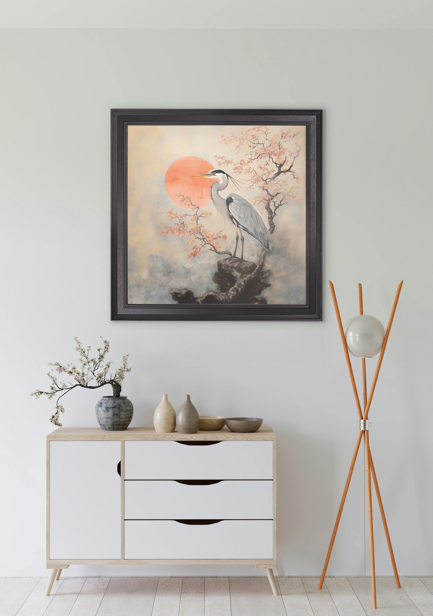 Japanese Twin Herons – Black Hurstwood Square Frame styled view – Leya Buster Interiors