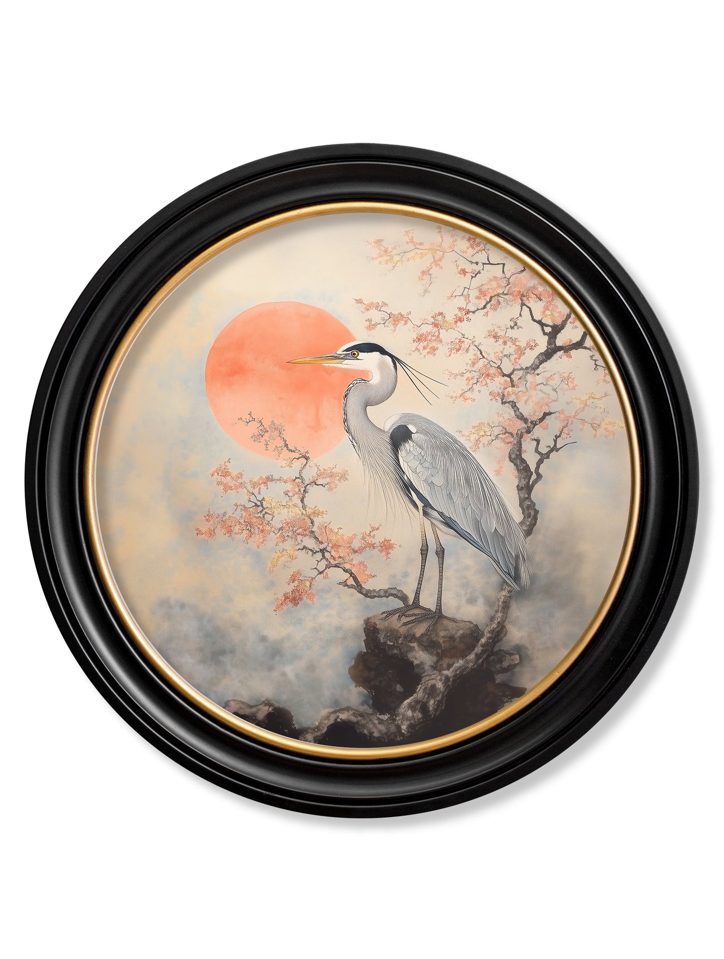 Japanese Twin Herons – Oxford Round Frame styled view – Leya Buster Interiors