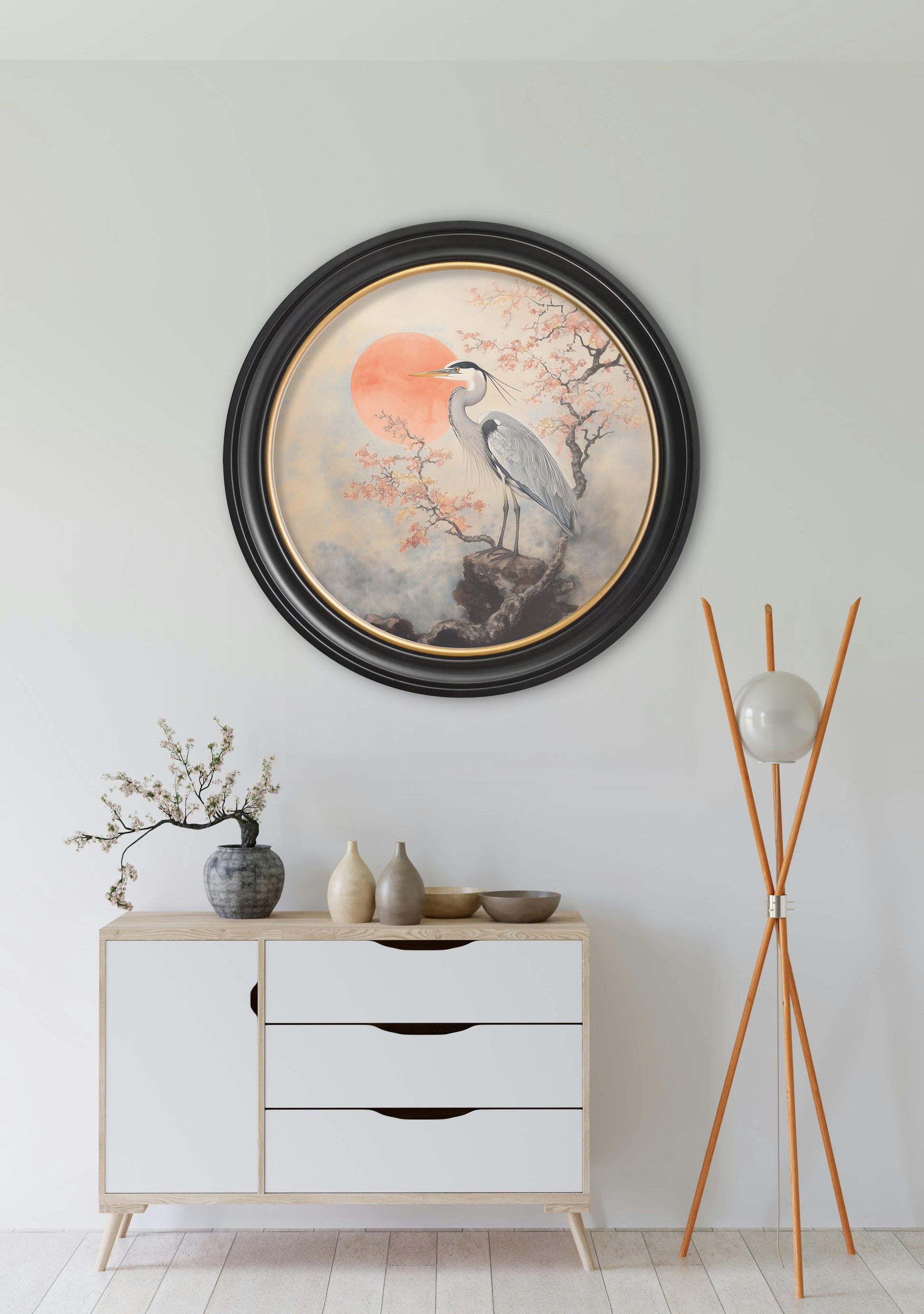 Japanese Twin Herons – Oxford Round Frame styled view – Leya Buster Interiors