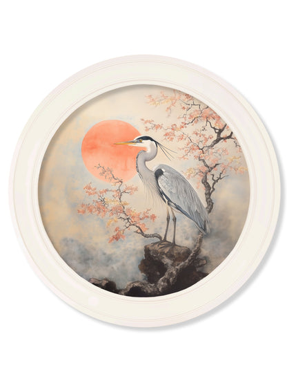 Japanese Twin Herons – Oxford Strong White Round Frame styled view – Leya Buster Interiors