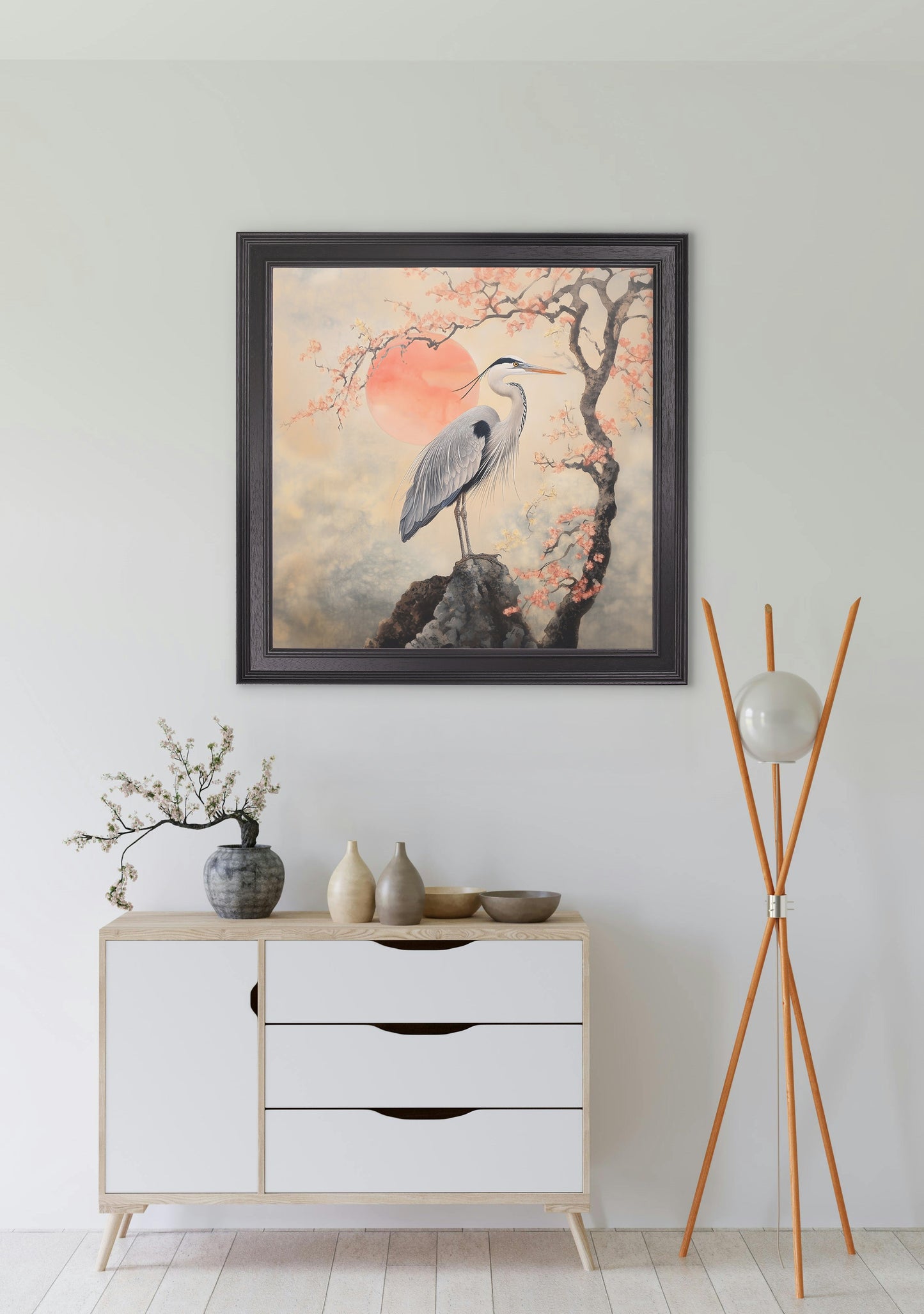 Japanese Twin Herons – Black Hurstwood Square Frame styled view – Leya Buster Interiors