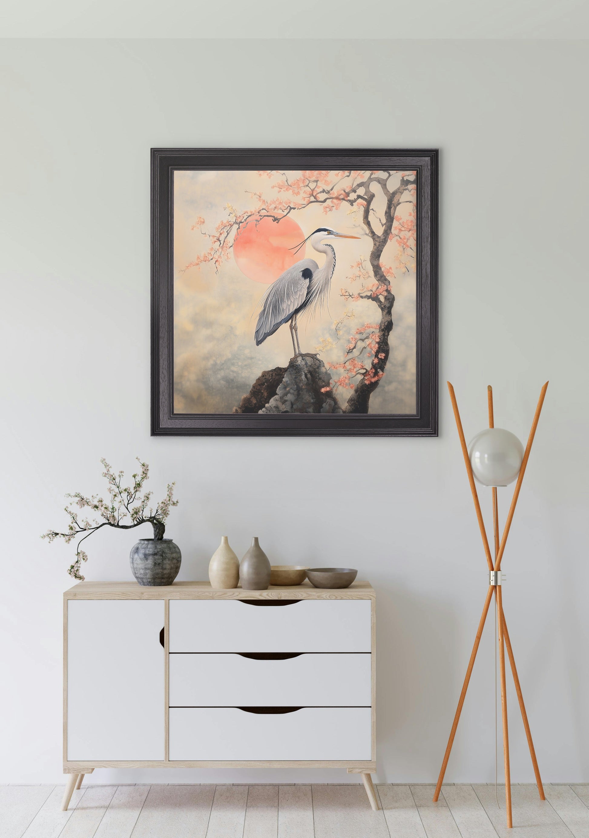 Japanese Twin Herons – Black Hurstwood Square Frame styled view – Leya Buster Interiors