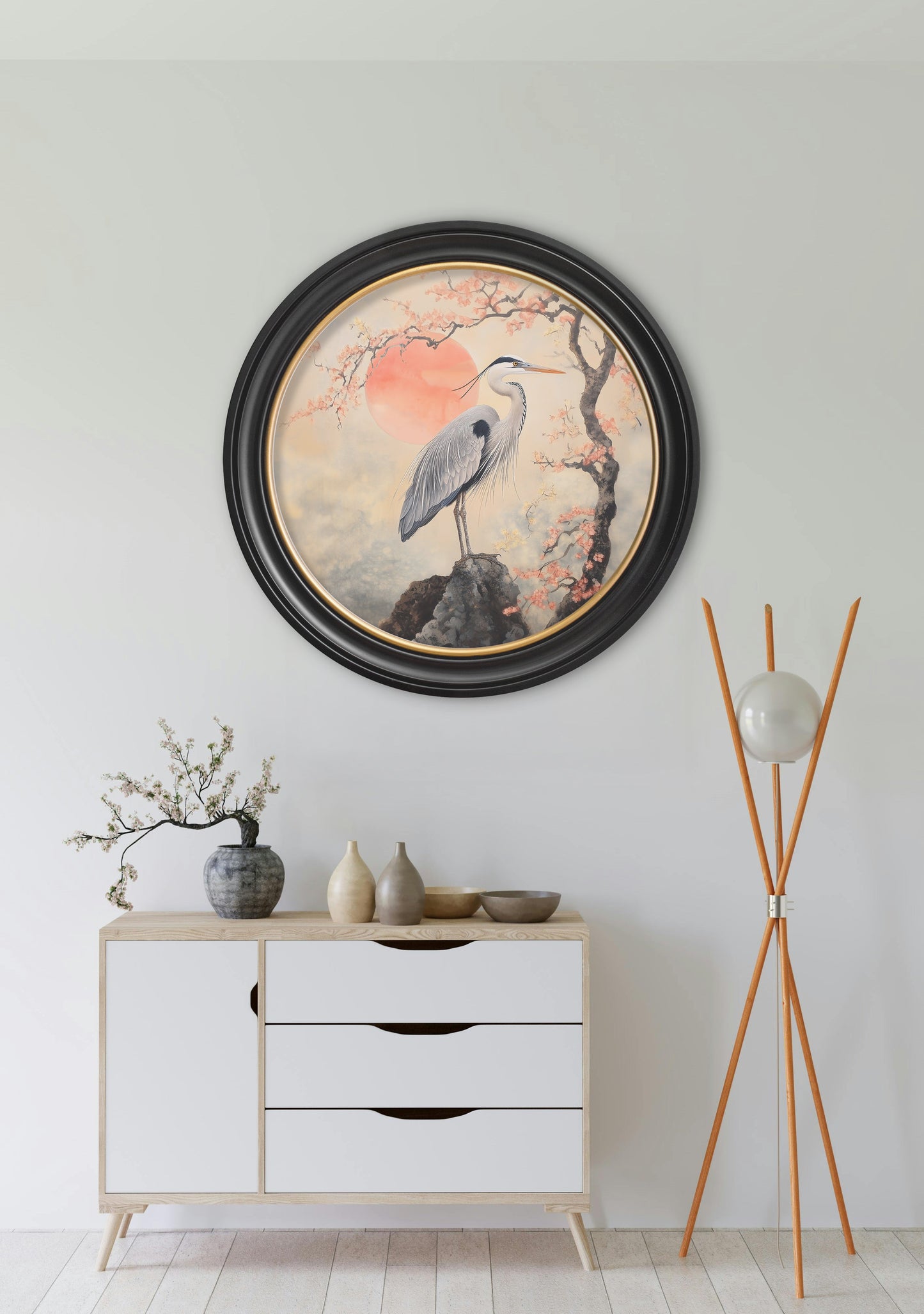 Japanese Twin Herons – Oxford Round Frame styled view – Leya Buster Interiors