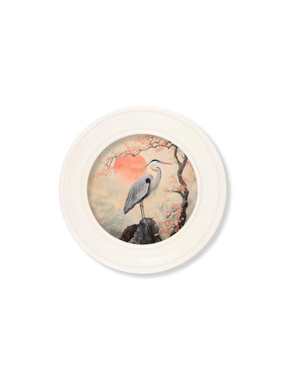 Japanese Twin Herons – Oxford Strong White Round Frame styled view – Leya Buster Interiors