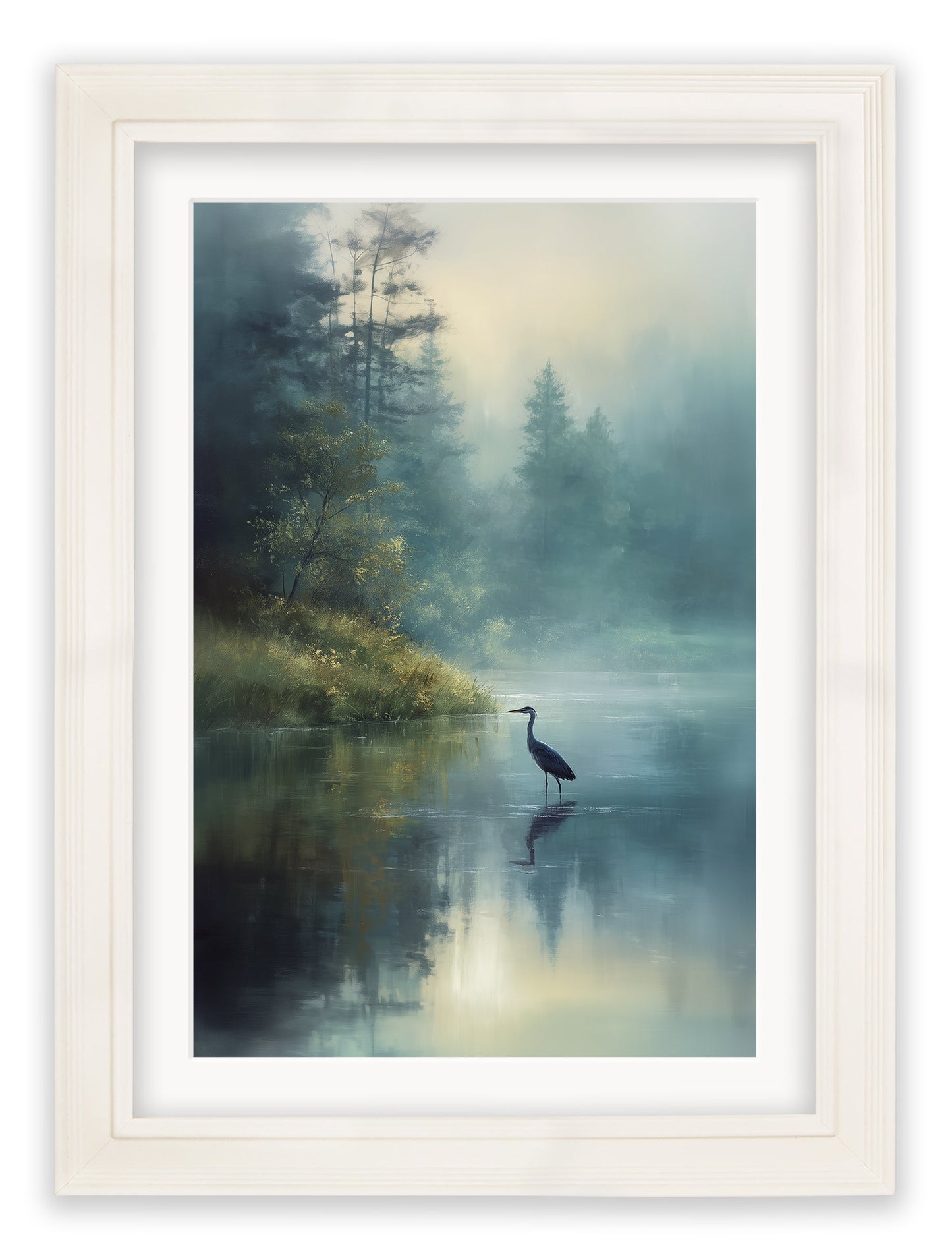 Misty Lake Heron – Cream Hurstwood Frame styled view – Leya Buster Interiors