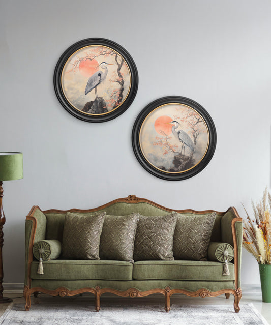 Japanese Twin Herons - Oxford Round Frame