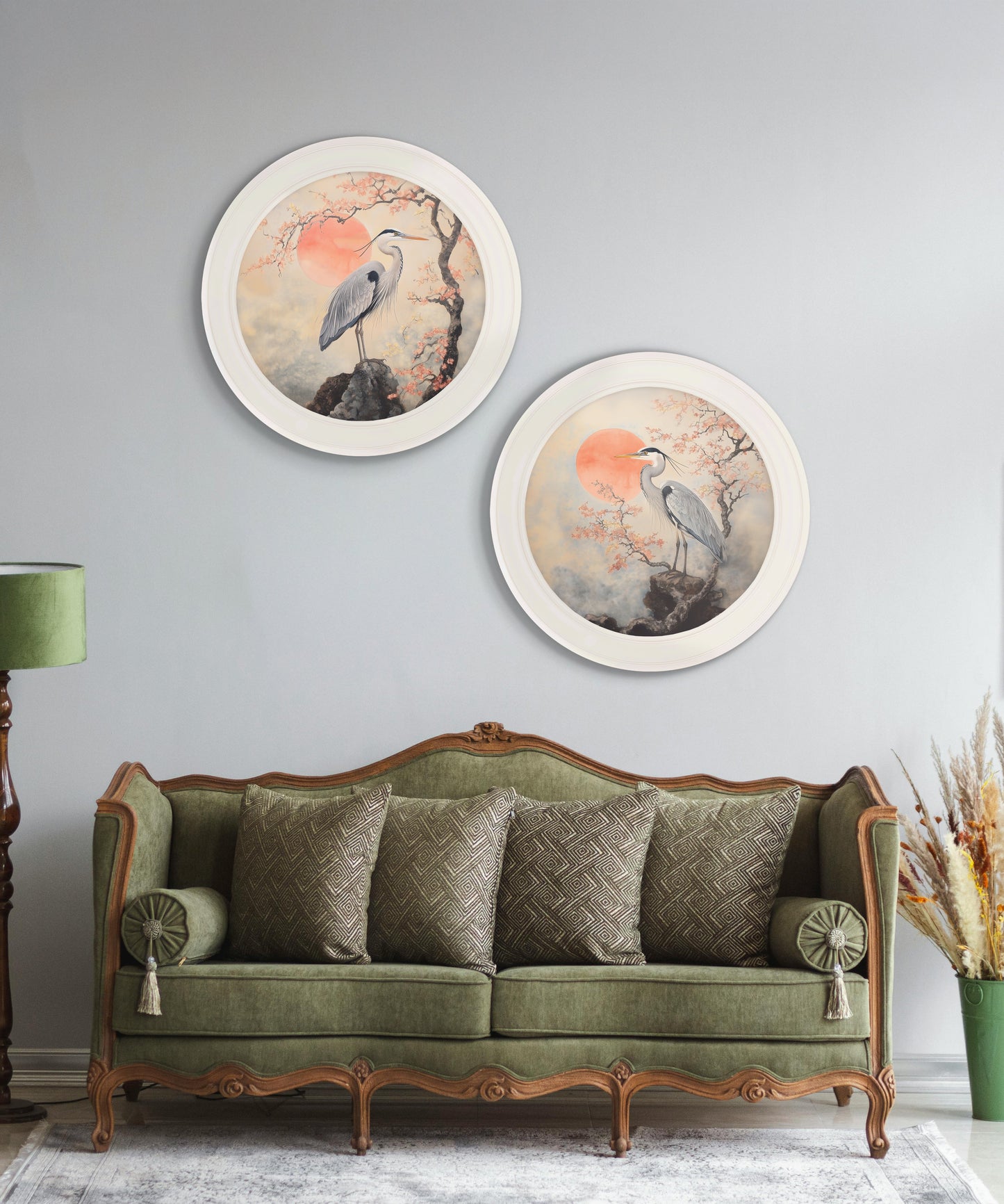 Japanese Twin Herons - Oxford Strong White Round Frame