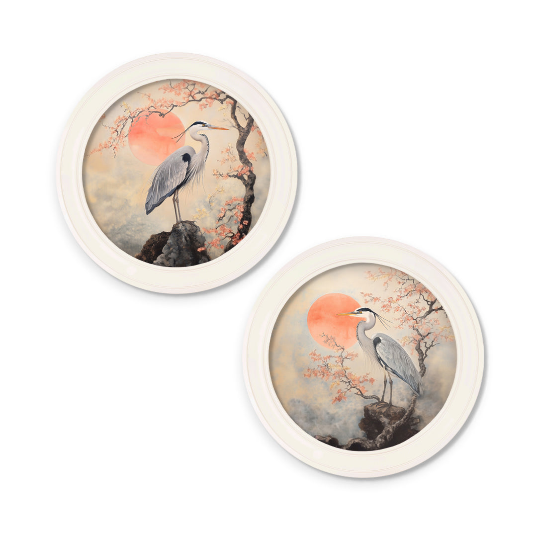 Japanese Twin Herons - Oxford Strong White Round Frame