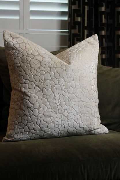 Ivory Velvet Cut Leopard Spot Cushion – Large – decorative cushion at Leya Buster Interiors