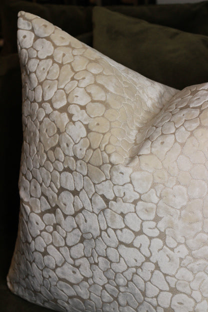 Ivory Velvet Cut Leopard Spot Cushion – Large styled view – Leya Buster Interiors