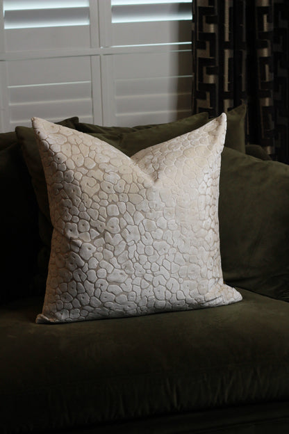 Ivory Velvet Cut Leopard Spot Cushion – Large detail – Leya Buster Interiors