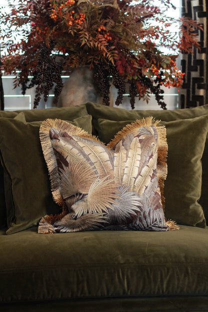 Palm Print Cushion with Fringe – 45x45cm styled view – Leya Buster Interiors