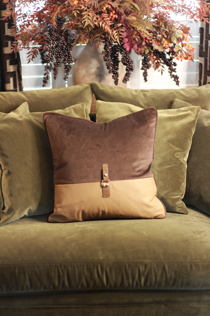 Buckle Cushion – Chocolate styled view – Leya Buster Interiors
