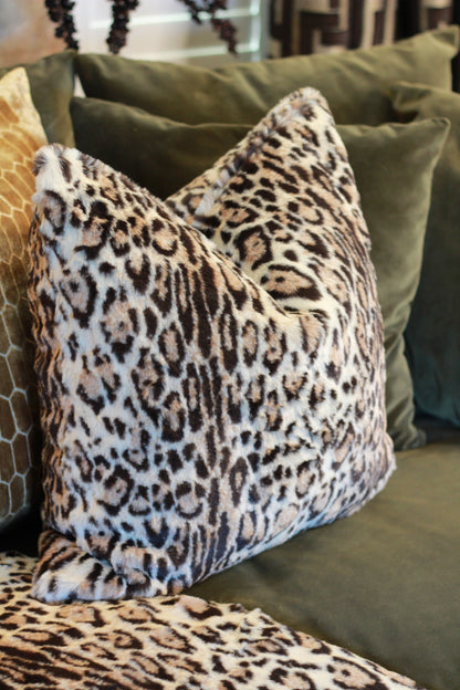 Eartha Leopard Print Faux Fur Cushion styled view – Leya Buster Interiors