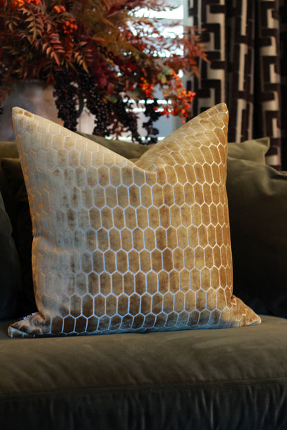 Sinclair Honeycomb Cushion – Whiskey Velvet – decorative cushion at Leya Buster Interiors