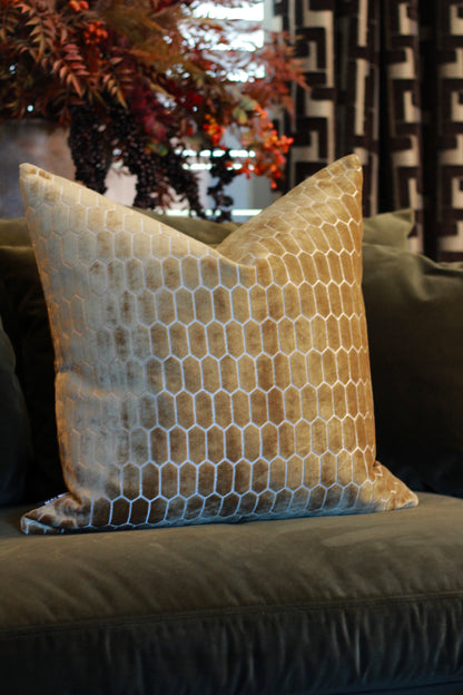 Sinclair Honeycomb Cushion – Whiskey Velvet styled view – Leya Buster Interiors