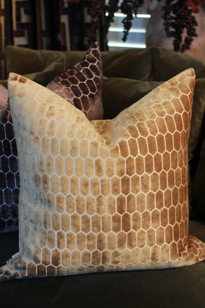 Sinclair Honeycomb Cushion – Whiskey Velvet styled view – Leya Buster Interiors