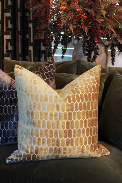Sinclair Honeycomb Cushion – Whiskey Velvet styled view – Leya Buster Interiors