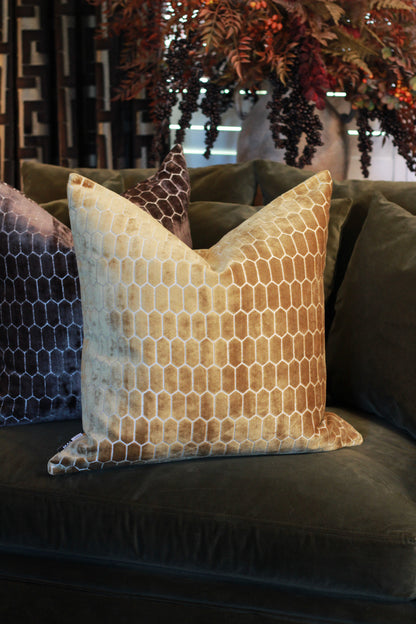 Sinclair Honeycomb Cushion – Whiskey Velvet styled view – Leya Buster Interiors