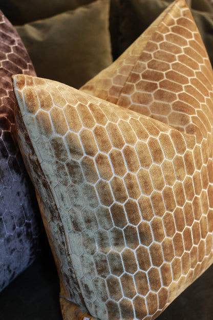Sinclair Honeycomb Cushion – Whiskey Velvet styled view – Leya Buster Interiors