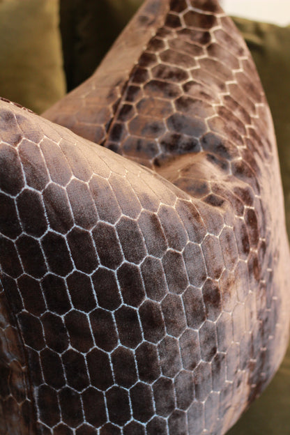 Sinclair Honeycomb Cushion – Chocolate Velvet styled view – Leya Buster Interiors